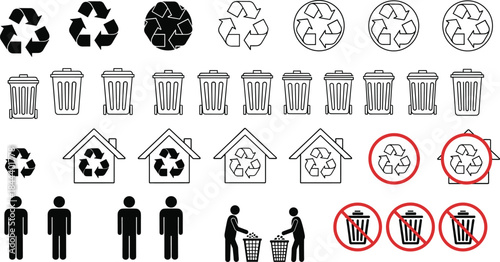 Recycle Symbols, Trash Cans, No Dumping Signs, and Littering Figures for Eco and Environment Graphics, Flat Illustration.