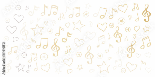 A gentle background of musical notes hearts and stars in warm tones