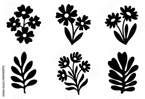 Set of simple flower silhouettes with leaf and bouquet icons, a collection of hand drawn botanical and floral graphics