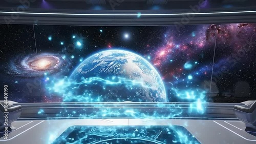 Futuristic spaceship bridge with Earth view and holographic display.