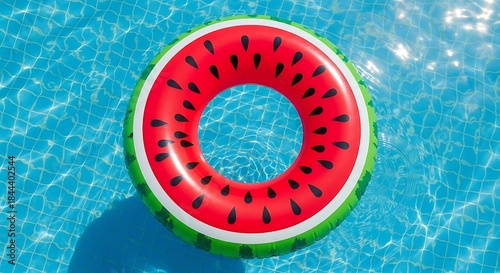 Watermelon Float in Sparkling Blue Swimming Pool on Sunny Day.