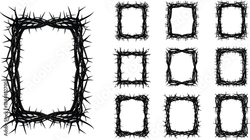 WebSquare and Rectangular Borders Made of Thorns and Thistles for Religious, Gothic, and Symbolic Design Assets, Flat Illustration.
