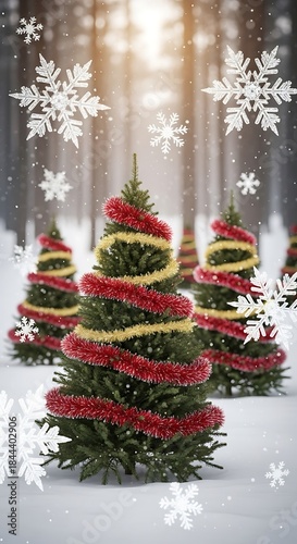 Festive Christmas Trees in Snowy Winter Forest with Decorations.