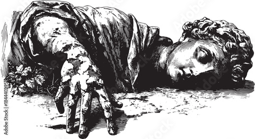 Statue bust in black and white. Intricate and detailed vector illustration depicting a fallen figure with realistic textures.