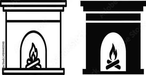 Two fireplace icons one outlined and one filled both with burning logs