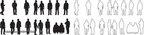 Set of Diverse People Silhouettes and Outline Figures. Black and White Vector Collection for Architectural Drawings and Urban Design. isolated PNG with Transparent Background