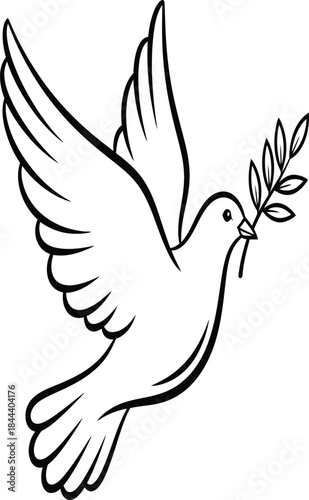 A gracefully drawn dove in flight carrying an olive branch