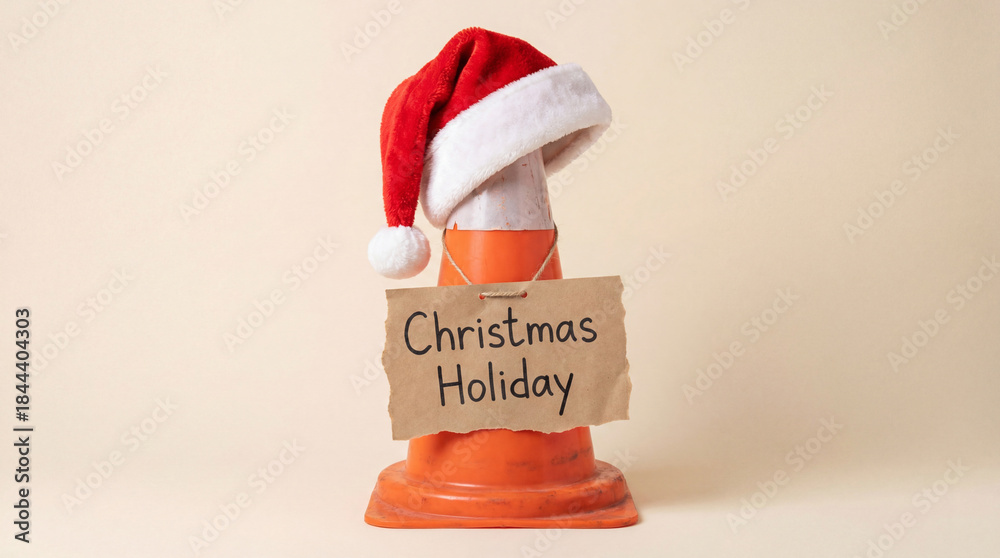 Naklejka premium Christmas holiday construction delay concept with traffic cone wearing santa hat and cardboard sign symbolizing seasonal work stoppage or festive break announcement