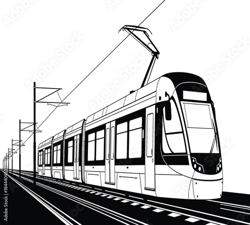 A sleek modern tram travels along the railway tracks depicted in monochrome