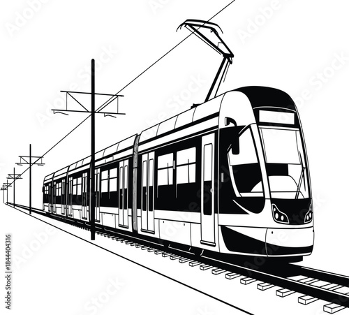 A detailed black and white sketch of a modern electric tram on tracks