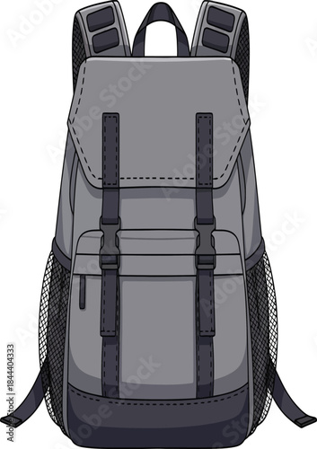 A gray illustrated backpack with black straps and multiple compartments shown clearly