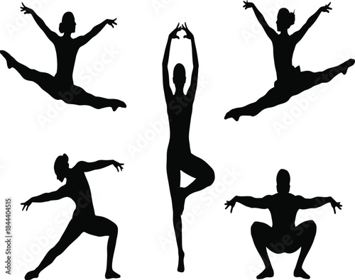 Silhouettes of dancers performing various dynamic and expressive movement poses