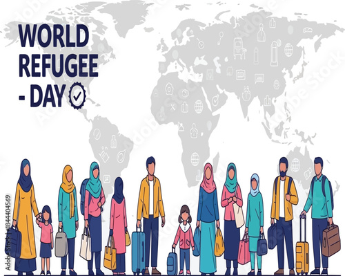 World refugee day illustration featuring diverse people and a world map background