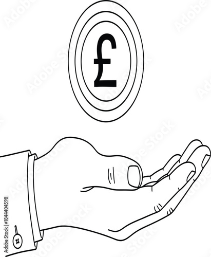 A hand holding a coin with a pound symbol in a line art style