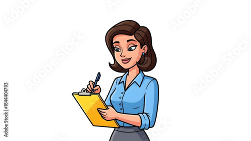 Smiling cartoon businesswoman diligently taking notes on a clipboard, symbolizing organization, productivity, and professional service in a modern work environment