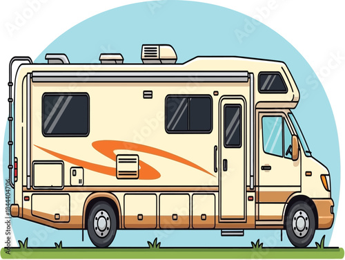 Detailed illustration of a beige and orange recreational vehicle on grass