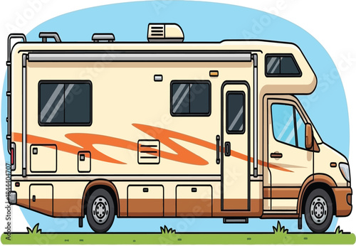 Detailed illustration of a classic beige and brown recreational vehicle
