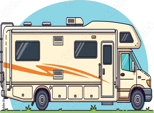 A charming retro style recreational vehicle parked on a grassy landscape