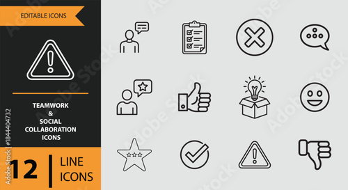 12 Teamwork and Social Collaboration Icons outline icon set. team cooperation community shared work outline icons