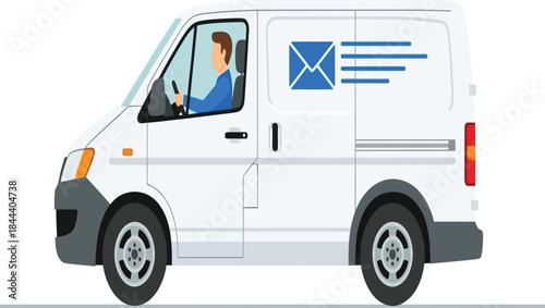 A white delivery van with a driver is shown in a side view