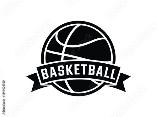Basketball Emblem Logo with Ribbon Banner – Black and White Sports Badge