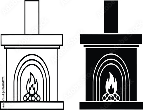 Simple black and white illustration of two fireplace designs with burning flames