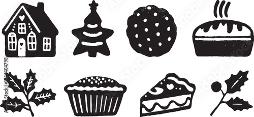 Christmas bakery symbols including cake, cookies, and a house. Rustic black vector illustration set for holiday designs.