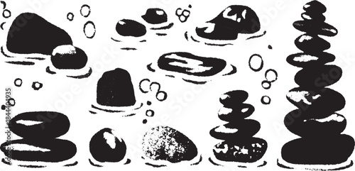 Stacked stones in black and white with bubbles. Simple and smooth shapes create a modern zen aesthetic vector illustration.