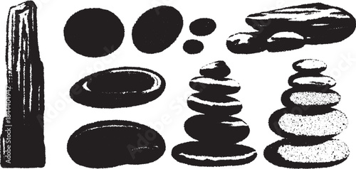 Set of black stones and rocks in various shapes. Minimalistic vector illustration featuring smooth textures and contrasting elements.