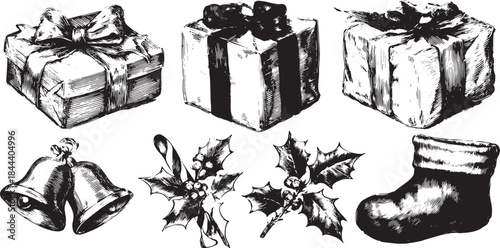 Vintage Christmas gift boxes wrapped in ribbons, along with holly and bells. This monochrome vector illustration features a charming set of holiday elements.