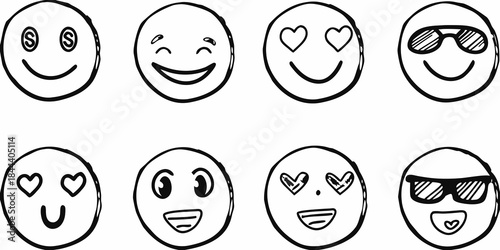 A collection of hand drawn smiley faces with various expressions and styles