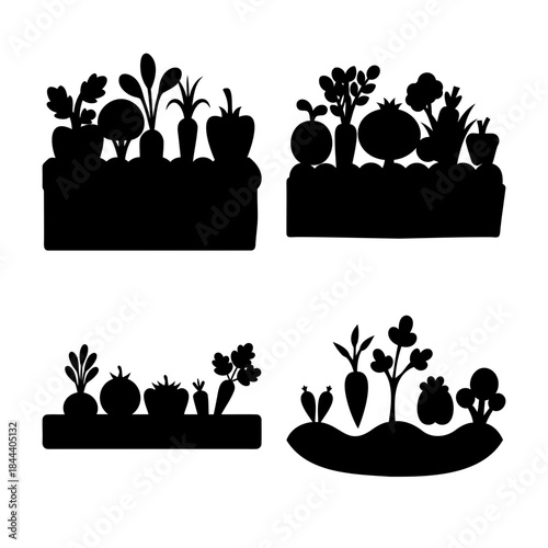 Minimalist vegetable garden plant black silhouettes icon art.