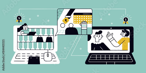 Online shopping and virtual business interaction illustrated with devices and money