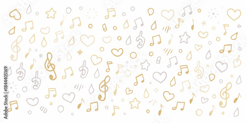 Golden musical notes hearts and stars scattered across a white background