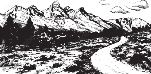 Mountain landscape with a winding path through trees. Detailed black and white vector illustration depicting scenic outdoor views.