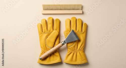 Professional beekeeping equipment set including leather gloves, hive tool and bee brush, apiculture and honey harvest concept
