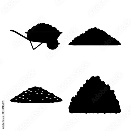 Gardening and construction material pile and wheelbarrow