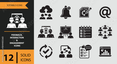 12 Feedback Interaction and Engagement Icons solid icon set. user feedback reviews reactions engagement solid icons