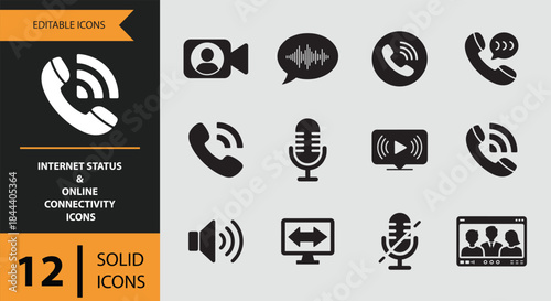 12 Internet Status and Online Connectivity Icons solid icon set. online offline network signal connectivity solid icons