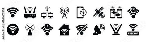 Collection of wireless and wifi connection icons isolated on white background vector illustration
