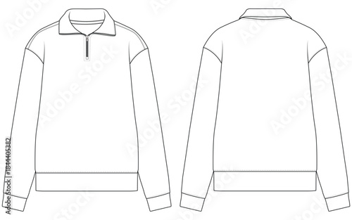 Men Half Zip Sweatshirt Pullover Vector Technical Drawing Front and Back View