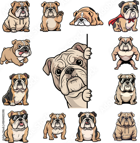 Collection of Cute Bulldog Dog Vector Illustrations in Different Styles