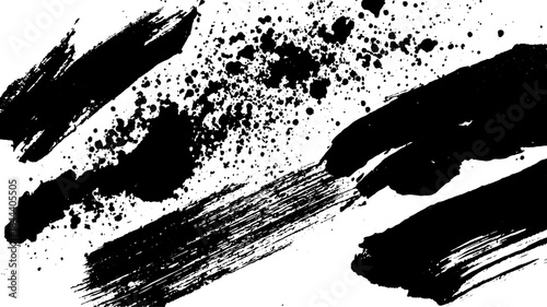 Black and white paint splash with brush strokes and ink blots create a textured vector illustration for modern artwork.