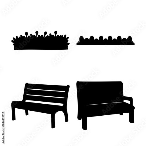 Park benches and green bushes vector silhouette collection