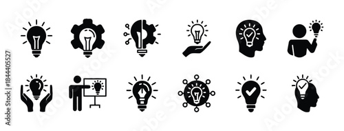 Creative idea icons set symbolises innovation solutions inspiration and intellectual concepts representing knowledge and imagination spark