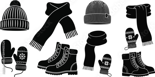 A comprehensive collection of essential winter clothing items and accessories for cold weather comfort