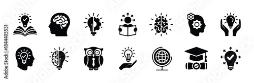 Creative idea icon set showing innovation inspiration solution solution knowledge education learn and brainstorming with lightbulb