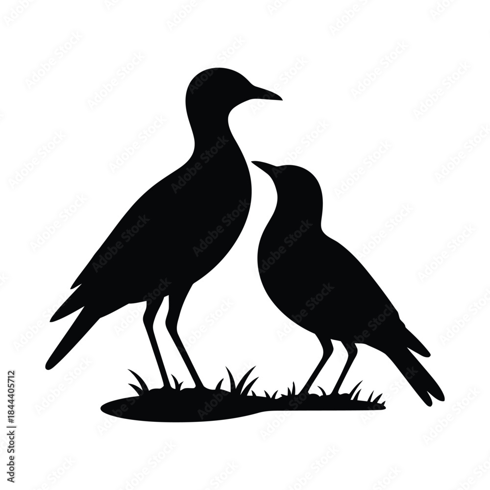 Obraz premium Two Birds Silhouette on Grass – Minimal Black Wildlife Nature Icon