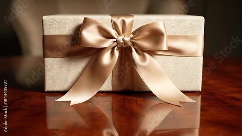 Elegant close-up studio shot of a perfectly wrapped neutral-colored luxury gift box tied with a satin ribbon placed on a clean, reflective mahogany surface anniversary, mahogany, elegant
