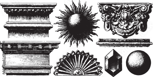 Decorative elements in classic and ornate style. Vector set featuring detailed designs, including sun, pillars, and geometric shapes in illustration.
